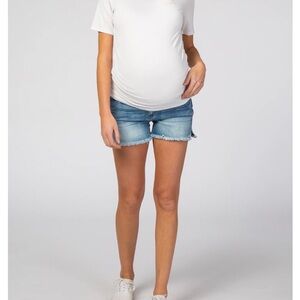 Blue Fringe Hem Maternity Denim Shorts